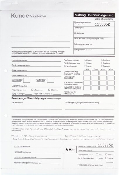 Einlagerungsformular, 25 Stück/Block