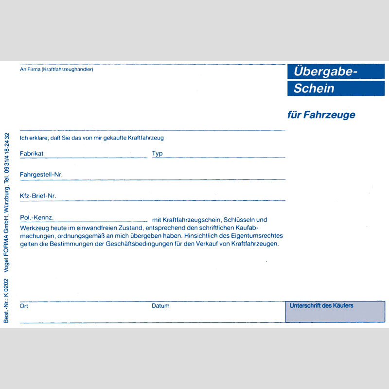 Kfz-Übergabeschein, 50 Blatt/Block