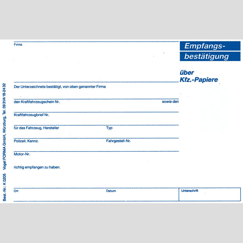 Empfangsbestätigung für die Kfz-Papiere, 50 Blatt/