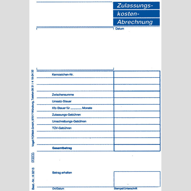 Zulassungskostenabrechnung, 25 Stück/Block
