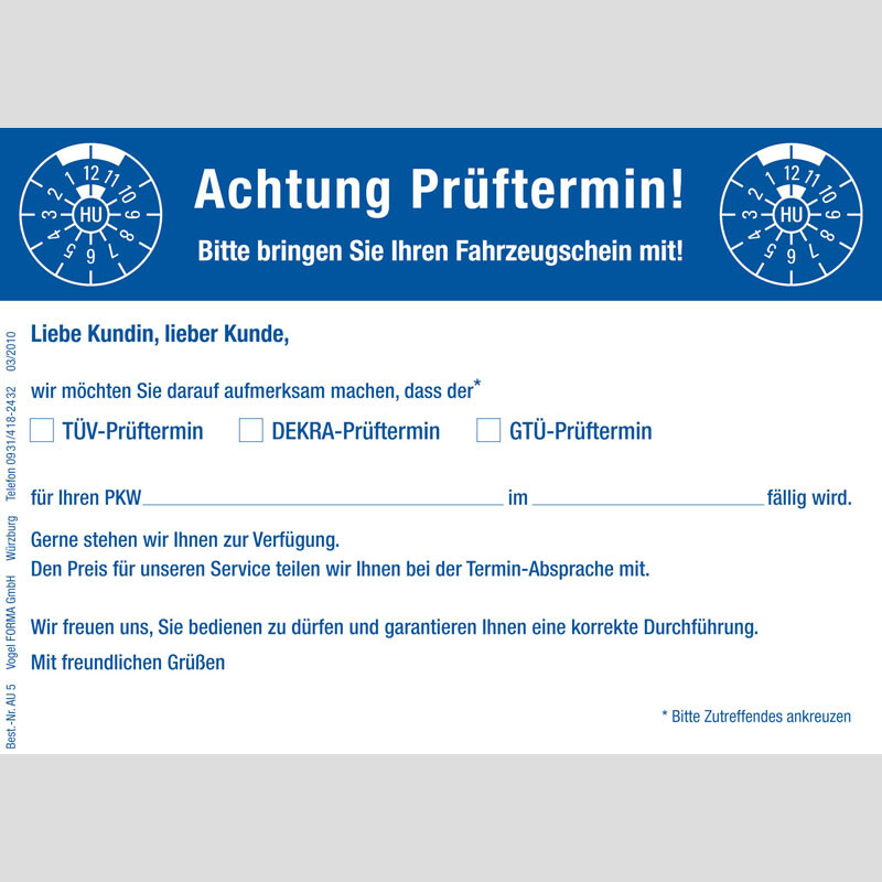 Prüftermin-Erinnerungskarten, 100 Stück/Pack
