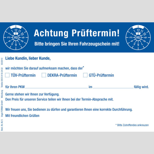 Prüftermin-Erinnerungskarten, 100 Stück/Pack