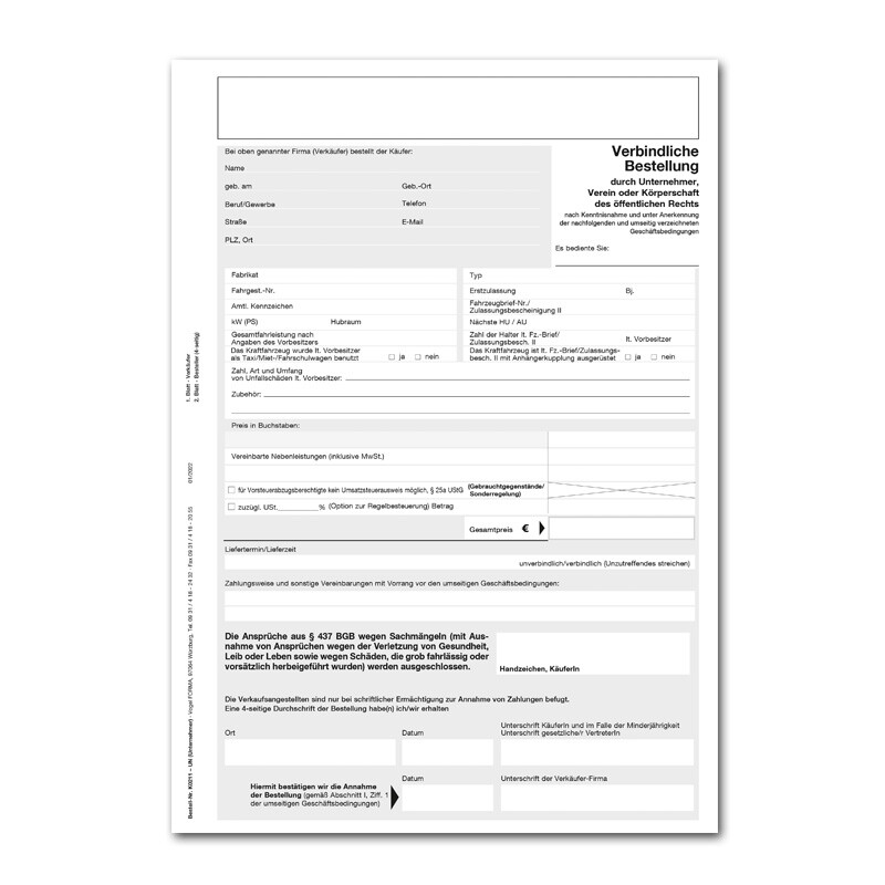 Gebrauchtwagenbestellung (Verkauf an Unternehmen) 25 St&uuml