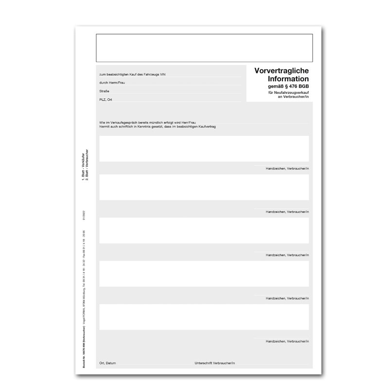 Vorvertragliche Information Neuwagen (Verkauf an Verbraucher
